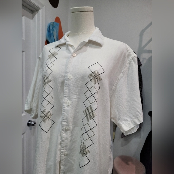 Haggar White Geometric Linen Blend Pattern Men's Shirt - Picture 2 of 6